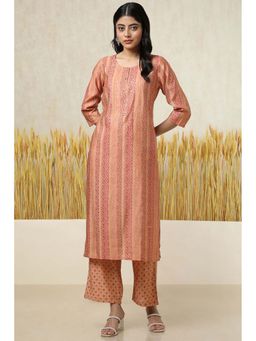 Soch - Womens Peach Muslin Floral Print Kurta with Pant (Set of 2)