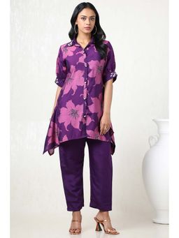 Soch - Women Purple Muslin Floral Print Kurta with Pant (Set of 2)