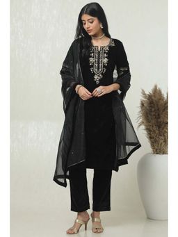 Soch - Womens Black Velvet Embroidered Kurta with Pant & Dupatta (Set of 3)