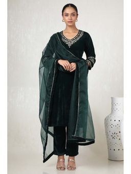 Soch - Womens Green Velvet Embroidered Kurta with Pant & Dupatta (Set of 3)