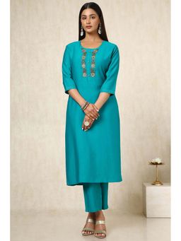 Soch - Womens Teal Viscose Blend Embellished Kurta with Pant (Set of 2)