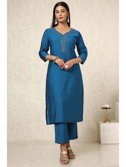 Soch - Womens Blue Viscose Blend Embellished Kurta with Pant (Set of 2)