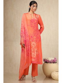 Soch - Womens Orange Crepe Floral Print Kurta with Pant & Dupatta (Set of 3)
