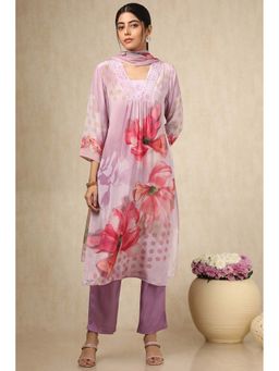 Soch - Womens Lavender Crepe Floral Print Kurta with Pants & Dupatta (Set of 3)