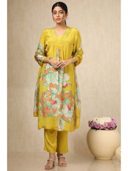 Soch - Womens Mustard Crepe Floral Print Kurta with Pant & Dupatta (Set of 3)