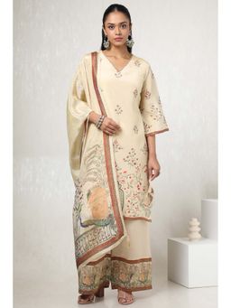 Soch - Women Beige Tissue Floral Print Kurta with Palazzo & Dupatta (Set of 3)