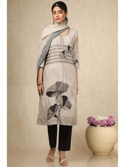 Soch - Womens Grey Muslin Floral Print Suit Set with Cutdana (Set of 3)