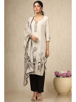 Soch - Womens Beige Muslin Floral Print Kurta with Pant & Dupatta (Set of 3)