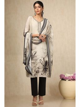 Soch - Womens Beige Muslin Floral Print Kurta with Pant & Dupatta (Set of 3)