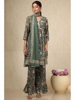 Soch - Womens Green Georgette Floral Print Kurta with Palazzo & Dupatta (Set of 3)