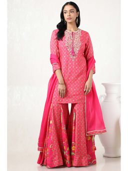 Soch - Women Fuchsia Muslin Floral Print Kurta with Sharara & Dupatta (Set of 3)