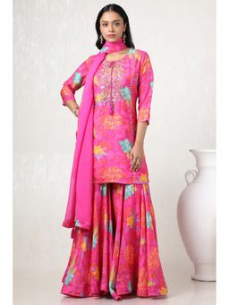 Soch - Women Magenta Muslin Floral Print Kurta with Sharara & Dupatta (Set of 3)