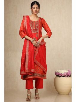 Soch - Women Orange Brocade Ethnic Motifs Kurta & Pant White Dupatta (Set of 3)