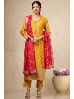 Soch - Womens Mustard Chanderi Embellished Kurta with Pant & Dupatta (Set of 3)