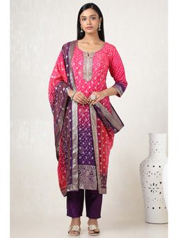 Soch - Women Pink Brocade Bandhani Print Kurta with Pant & Dupatta (Set of 3)