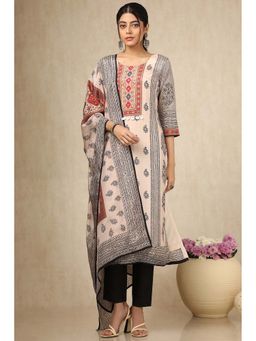 Soch - Womens Cream Muslin Ethnic Motifs Kurta with Pant & Dupatta (Set of 3)