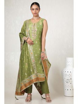 Soch - Womens Green Tissue Zari Woven Kurta, Unstitched Sleeves with Pant & Dupatta (Set of 4)