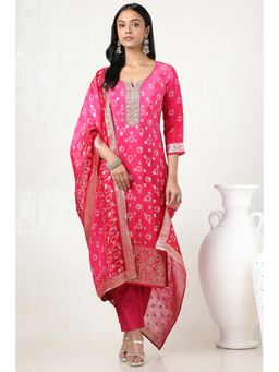 Soch - Women Fuchsia Organza Bandhani Print Kurta with Pant & Dupatta (Set of 3)