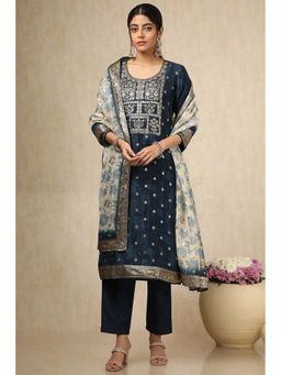 Soch - Womens Navy Blue Brocade Zari Woven Kurta with Pant & Dupatta (Set of 3)