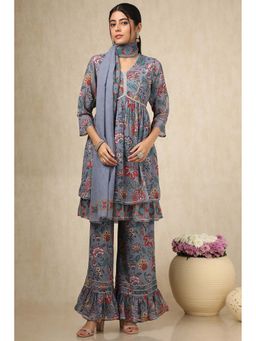 Soch - Womens Grey Georgette Floral Print Kurta with Palazzo & Dupatta (Set of 3)
