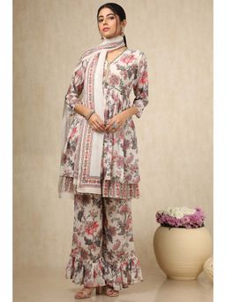 Soch - Womens Cream Georgette Floral Print Kurta with Palazzo & Dupatta (Set of 3)