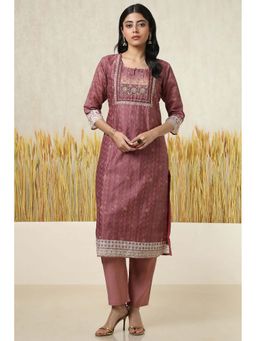 Soch - Womens Onion Pink Chanderi Screen Print Kurta with Pant (Set of 2)