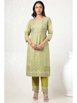 Soch - Women Olive Chanderi Botanical Print Kurta with Pant (Set of 2)