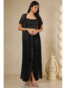 Soch - Womens Black Satin Embellished Crop Top with Skirt & Jacket (Set of 3)
