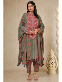 Soch - Womens Green Viscose Georgette Abstract Print Kaftan Kurta with Pant (Set of 2)