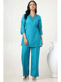 Soch - Women Blue Viscose Blend Embroidered Kurti with Palazzo (Set of 2)
