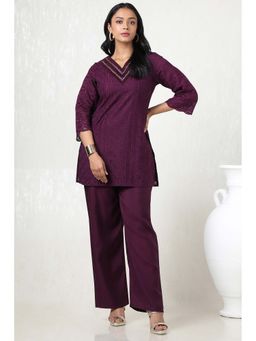 Soch - Women Wine Viscose Blend Embroidered Kurti with Palazzo (Set of 2)