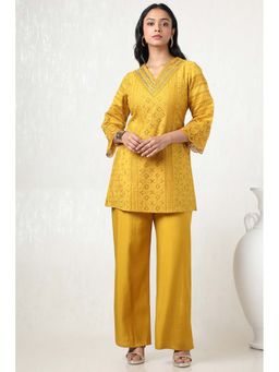Soch - Women Mustard Viscose Blend Embroidered Kurti with Palazzo (Set of 2)