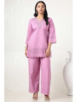 Soch - Women Lavender Viscose Blend Embroidered Kurti with Palazzo (Set of 2)