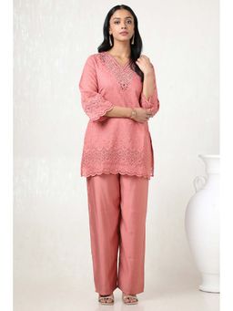 Soch - Women Peach Viscose Blend Embroidered Kurti with Palazzo (Set of 2)