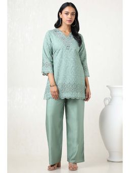 Soch - Women Blue Viscose Blend Embroidered Kurti with Palazzo (Set of 2)