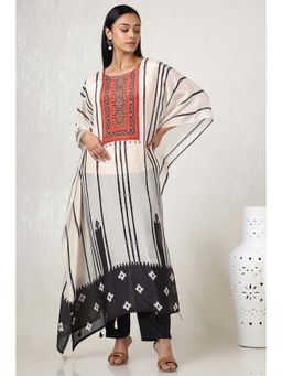 Soch - Women Off White Muslin Striped Kaftan Kurta & Inner with Pant (Set of 3)