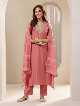Gerua By Libas - Peach Yoke Embellished Straight Kurta with Trouser & Dupatta (Set of 3)