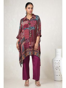 Soch - Women Wine Georgette Blend Ethnic Motifs Kaftan Kurta & Inner with Pant (Set of 3)