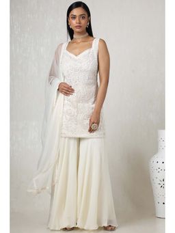 Soch - Women Off White Net Embroidered Kurti with Sharara & Dupatta (Set of 3)