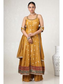Soch - Mustard Brocade Zari Woven Kurta with Unstitched Sleeves, Palazzo & Dupatta (Set of 4)
