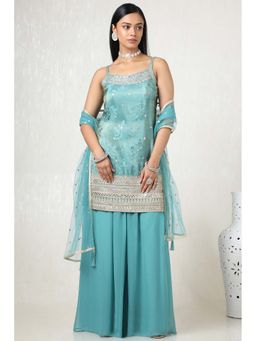 Soch - Blue Tissue Embroidered Kurti, Unstitched Sleeves with Palazzo & Dupatta (Set of 4)