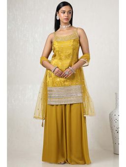 Soch - Mustard Tissue Embroidered Kurti, Unstitched Sleeves with Palazzo & Dupatta (Set of 4)