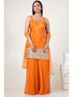 Soch - Orange Tissue Embroidered Kurti, Unstitched Sleeves with Palazzo & Dupatta (Set of 4)