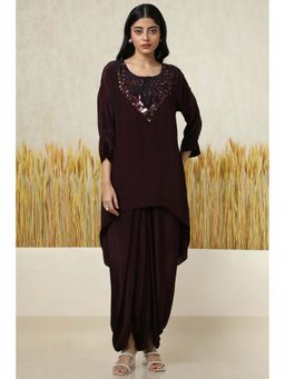 Soch - Womens Wine Viscose Crepe Embellished Kurti & Inner with Dhoti Pant (Set of 3)