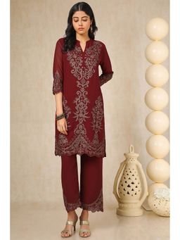 Soch - Womens Maroon Georgette Blend Embroidered Kurta Set with Thread Work (Set of 2)