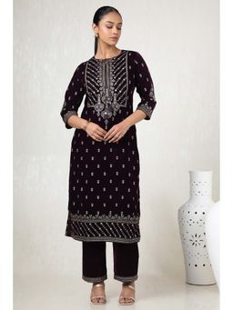Soch - Women Wine Velvet Foil Print Kurta with Pant (Set of 2)