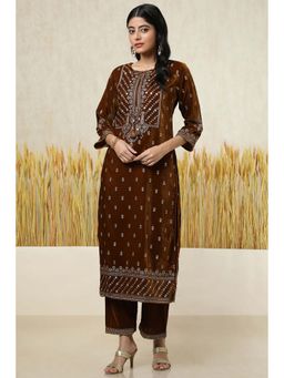 Soch - Women Brown Velvet Foil Print Kurta Set with Tassels (Set of 2)