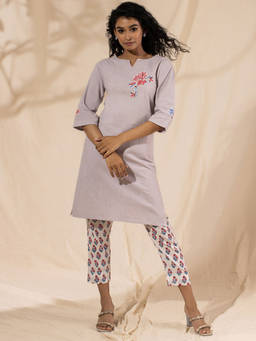 Likha - Grey Embroidered Kurta & Pant LIKSKD44 (Set of 2)