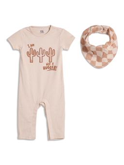 MINI KLUB - Beige Cotton Half Sleeves Text Printed Romper with Bib