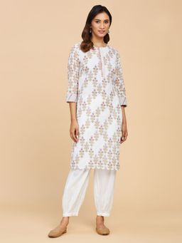 Fabindia - White Cotton Printed Knee Length Kurta